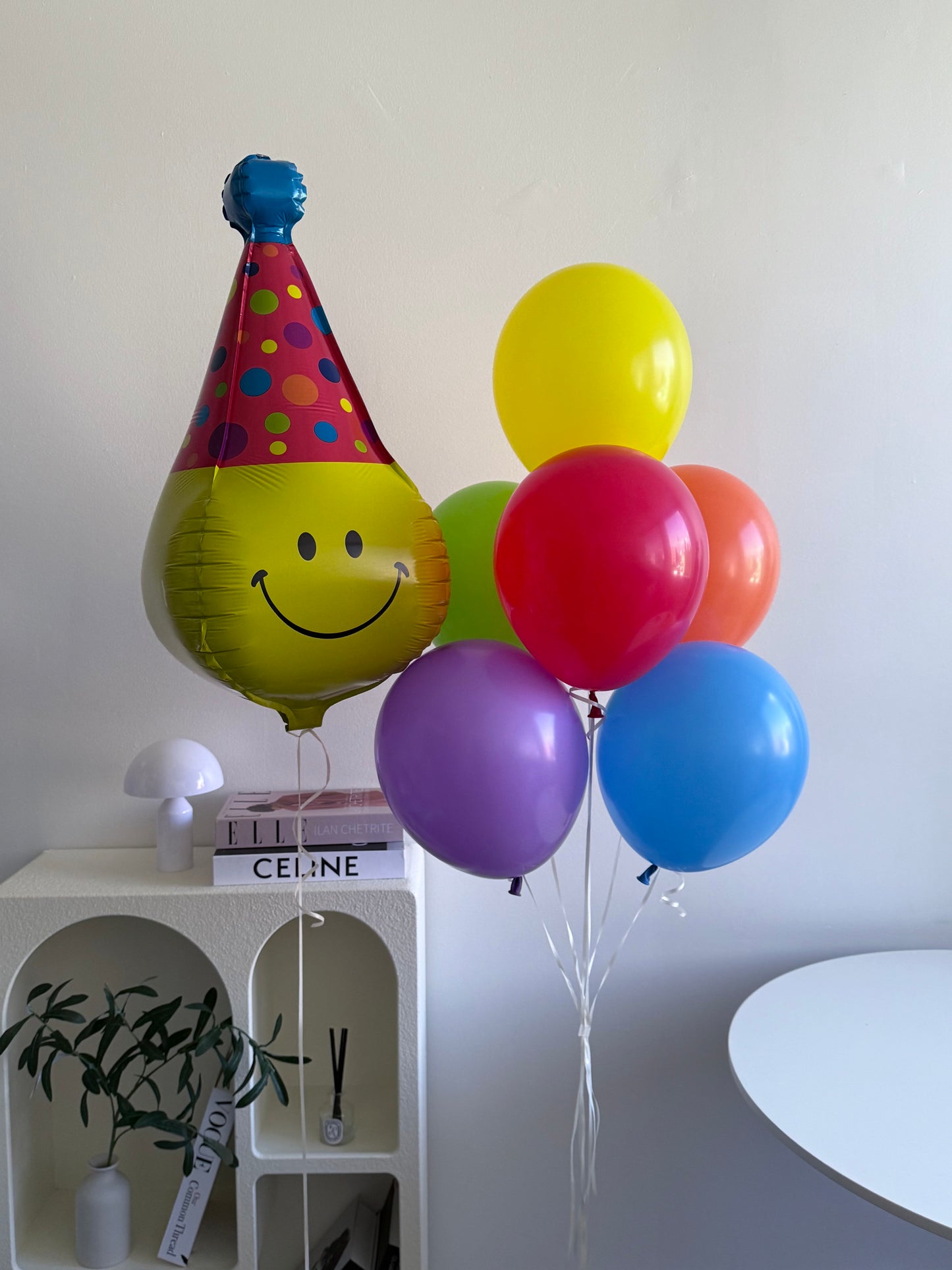 Party Hat Smiley & Round Balloons